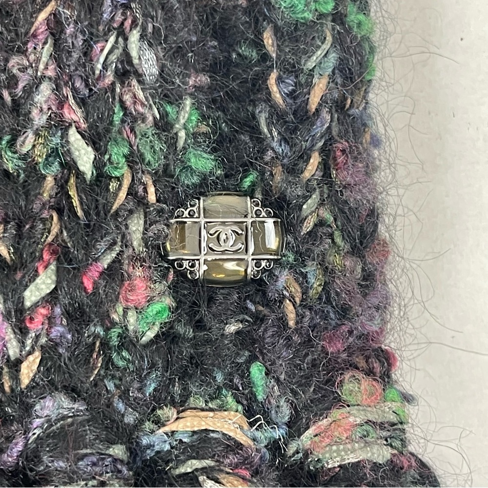 CHANEL Multicolor Mohair Wool Fringe Scarf with CC Logo Plaque (Made‎ in France) - Picture 2 of 9